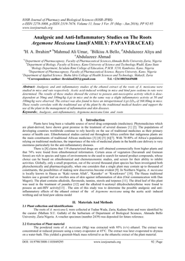 Analgesic and Anti-Inflammatory Studies on the Roots Argemone Mexicana Linn(FAMILY: PAPAVERACEAE) Ah