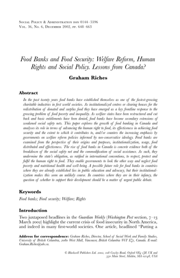 Food Banks and Food Security: Welfare Reform, Human Rights And