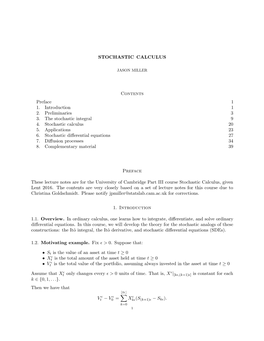 Lecture Notes Are for the University of Cambridge Part III Course Stochastic Calculus, Given Lent 2016