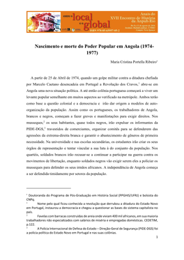 Nascimento E Morte Do Poder Popular Em Angola (1974- 1977)