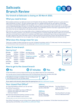 Saltcoats Branch Review Our Branch at Saltcoats Is Closing on 30 March 2021