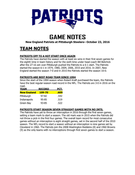 Patriots at Philadelphia Game Notes