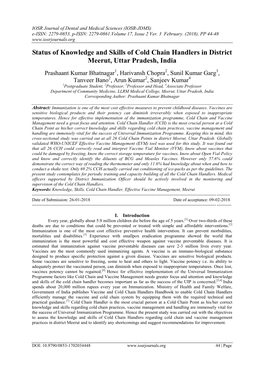 Status of Knowledge and Skills of Cold Chain Handlers in District Meerut, Uttar Pradesh, India