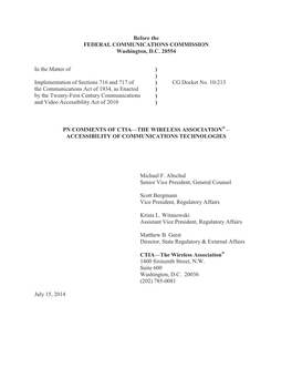 Before the FEDERAL COMMUNICATIONS COMMISSION Washington, D.C. 20554 in the Matter of Implementation of Sections 716 and 717 Of