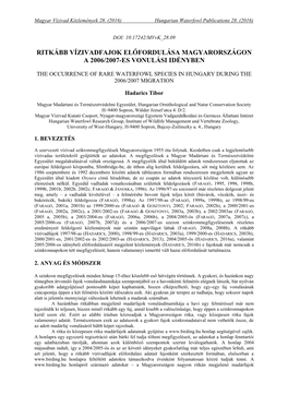 Ritkább Vízivadfajok Előfordulása Magyarországon a 2006/2007-Es Vonulási Idényben