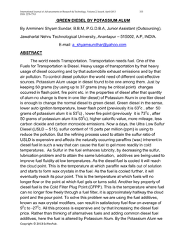 GREEN DIESEL by POTASSIUM ALUM by Ammineni Shyam Sundar, BBM, PGDBA, Junior Assistant