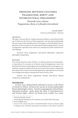 Thinking Between Cultures Pragmatism, Rorty and Intercultural Philosophy* Pensando Entre Culturas Pragmatismo, Rorty Y La Filosofía Intercultural