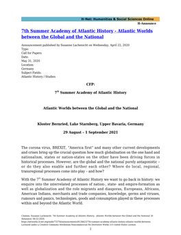 7Th Summer Academy of Atlantic History - Atlantic Worlds Between the Global and the National