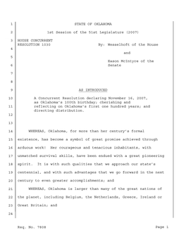 Req. No. 7808 Page 1 1 2 3 4 5 6 7 8 9 10 11 12 13 14 15 16 17 18 19 20 21 22 23 24 STATE of OKLAHOMA 1St Session of the 51St Le