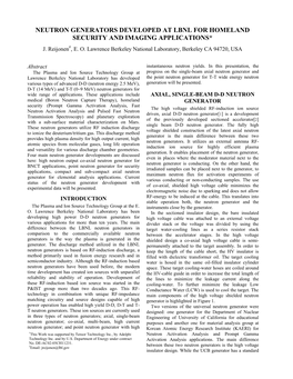 Neutron Generators Developed at Lbnl for Homeland Security and Imaging Applications* J