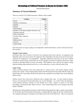 Chronology of Political Prisoners in Burma for October 2008 • • • • • • • • • • • • Summary of Current Situation