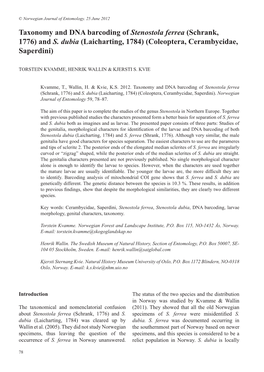 Taxonomy and DNA Barcoding of Stenostola Ferrea (Schrank, 1776) and S