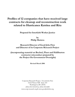 Profiles of 12 Companies That Have Received Large Contracts for Cleanup and Reconstruction Work Related to Hurricanes Katrina and Rita