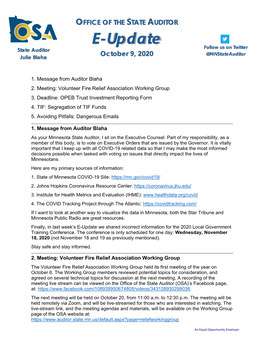 State Auditor's E-Update -- October 9, 2020