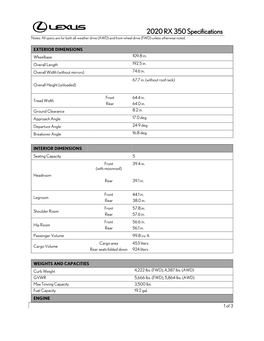 2020 RX 350 Specifications Notes: All Specs Are for Both All-Weather Drive (AWD) and Front-Wheel Drive (FWD) Unless Otherwise Noted