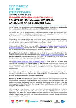 Sydney Film Festival Award Winners Announced at Closing Night Gala