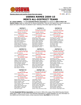 Usbwa Names 2009-10 Men's All-District Teams St