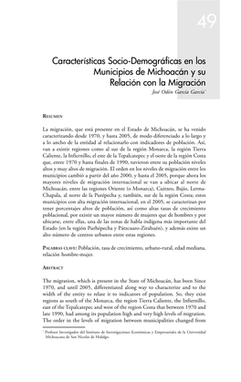 Características Socio-Demográficas En Los Municipios De Michoacán Y Su Relación Con La Migración José Odón García García*