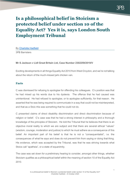 Is a Philosophical Belief in Stoicism a Protected Belief Under Section 10 of the Equality Act? Yes It Is, Says London South Employment Tribunal