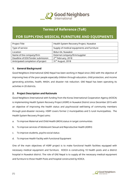 Terms of Reference (Tor) for SUPPLYING MEDICAL FURNITURE and EQUIPMENTS