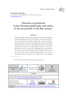 Elements of Positivism in the Ukrainian Philosophy and Culture of the Second Half of the 19Th Century*