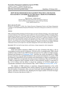 How Human Resources Management Practice and Change Management Contribute to the Small Medium Enterprises Performance 1. Introduc