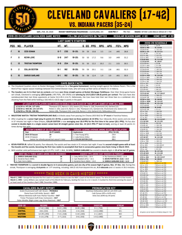 2019-20 Cleveland Cavaliers Game Notes Follow @Cavsnotes on Twitter Regular Season Game # 60 Home Game # 32