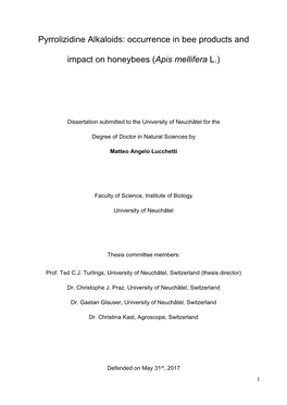 Pyrrolizidine Alkaloids: Occurrence in Bee Products And