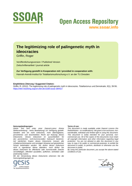 The Legitimizing Role of Palingenetic Myth in Ideocracies Griffin, Roger