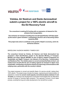 Volotea, Air Nostrum and Dante Aeronautical Submit a Project for a 100% Electric Aircraft to the EU Recovery Fund