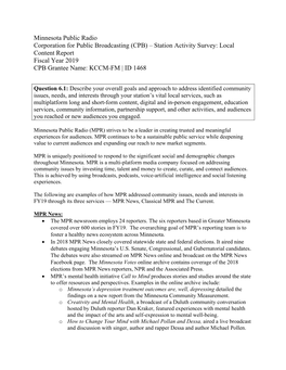 Minnesota Public Radio Corporation for Public Broadcasting (CPB) – Station Activity Survey: Local Content Report Fiscal Year 2019 CPB Grantee Name: KCCM-FM | ID 1468