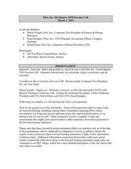 Ebix, Inc. 4Th Quarter 2018 Investor Call March 1, 2019 Corporate