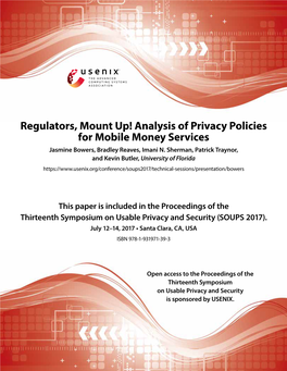 Regulators, Mount Up! Analysis of Privacy Policies for Mobile Money Services Jasmine Bowers, Bradley Reaves, Imani N