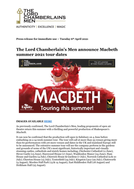 The Lord Chamberlain's Men Announce Macbeth Summer 2021