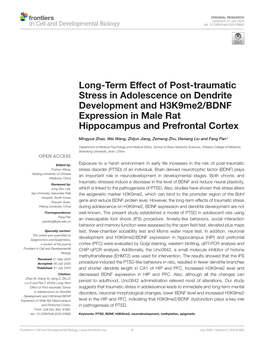 Long-Term Effect of Post-Traumatic Stress in Adolescence on Dendrite Development and H3k9me2/BDNF Expression in Male Rat Hippocampus and Prefrontal Cortex