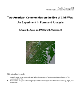Two American Communities on the Eve of Civil War: an Experiment in Form and Analysis