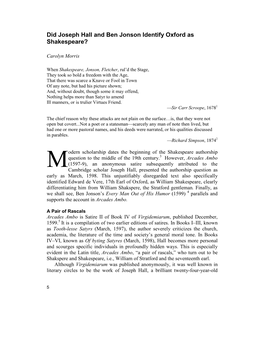 Did Joseph Hall and Ben Jonson Identify Oxford As Shakespeare?