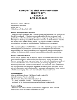 History of the Black Power Movement HIS/AFR 317L Fall 2017 T/TH: 11:00-12:30