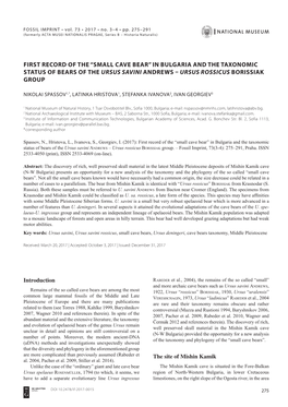 “Small Cave Bear” in Bulgaria and the Taxonomic Status of Bears of the Ursus Savini Andrews – Ursus Rossicus Borissiak Group