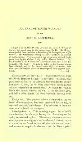 Journal of Roger Wolcott at the Siege of Louisbourg, 1745