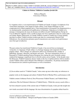 Special Edition – Religion and Popular Culture in Canada (2009) Yiddish and Its Increasing Presence in the Realms of Performance, Translation and Scholarship