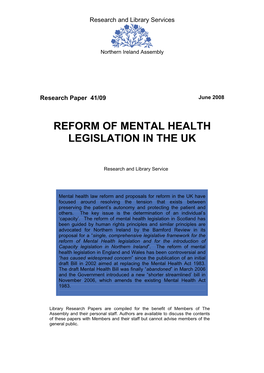 Reform of Mental Health Legislation in the Uk