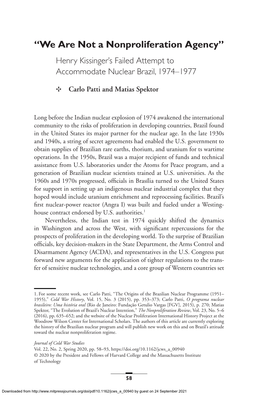 “We Are Not a Nonproliferation Agency” Henry Kissinger’S Failed Attempt to Accommodate Nuclear Brazil, 1974–1977