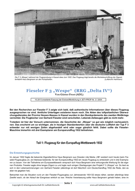 Teil 1: Flugzeug Für Den Europaflug-Wettbewerb 1932