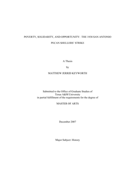 Poverty, Solidarity, Opportunity, and the San Antonio Pecan Shellers' Strike of 1938
