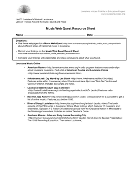 Music Web Quest Resource Sheet