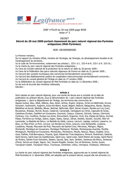 JORF N°0124 Du 30 Mai 2009 Page 8938 Texte N° 3 DECRET Décret Du 28 Mai 2009 Portant Classement Du Parc Naturel Régional