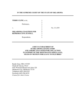 Amicus Curiae Brief of 83 Oklahoma Legislators and Americans United for Life Action in Support of the Defendants/Appellants, Filed on Motion for Leave to File Brief