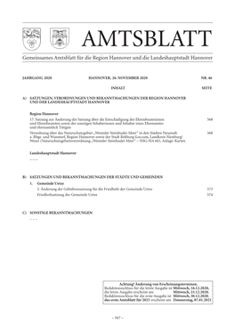 AMTSBLATT Gemeinsames Amtsblatt Für Die Region Hannover Und Die Landeshauptstadt Hannover