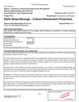 North Slope Borough Federal Tax ID: 92-0042378 Project Title: Project Type: Maintenance and Repairs North Slope Borough - Critical Infrastructure Protection
